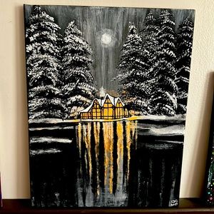 Hand Made Acrylic Painting 11”x14” Snowy Cabin by the lake
